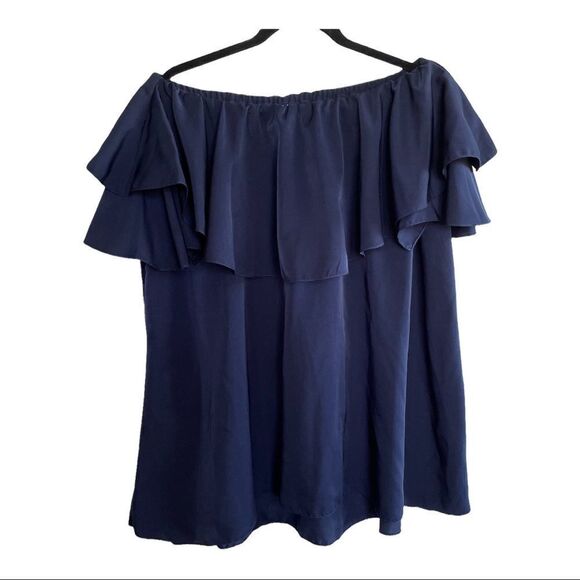 MLM Label ~ Midnight Blue Ruffle Off the Shoulder Blouse ~ Size XS - Picture 3 of 6